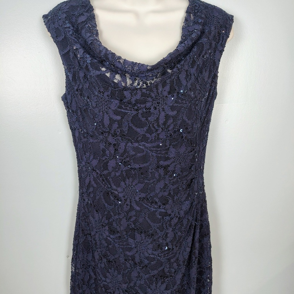 Lauren Ralph Lauren Navy Blue Sequin Floral Lace Cowl Neck Dress Womens 8 party - Picture 2 of 13
